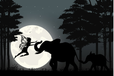 cute fairy and elephant silhouette