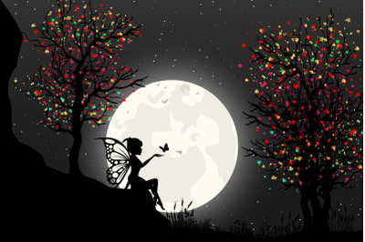 cute fairy and moon silhouette