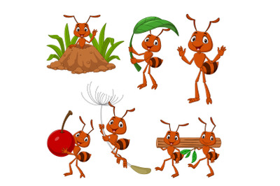 Set of Six Cartoon Brown Ant Animal
