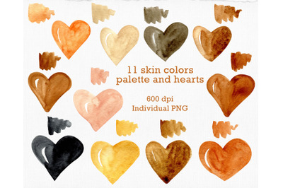 Black heart Skin color clipart. Gold texture heart. Watercolor palette