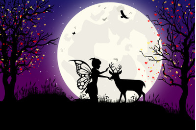 cute fairy and deer silhouette