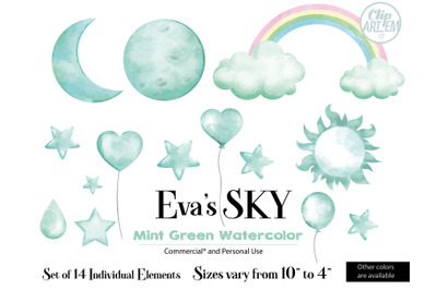 Sky Cloud Mint 14 PNG Watercolor images&2C; sun&2C; star&2C; drop bundle