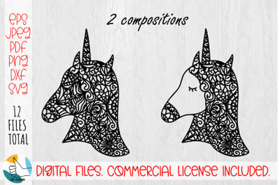 Unicorn Mandala Zentangle SVG. Cute unicorn DXF&2C; PNG&2C; PDF&2C; EPS files.