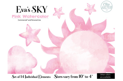 Watercolor Pink Sky Decoration Set 14 PNG images&2C; sun&2C; star&2C; drop