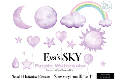 Watercolor Sky Cloud Purple 14 PNG images&2C; sun&2C; star&2C; drop bundle