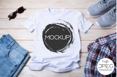 Mens T-shirt mockup with gray running shoes&2C; sunglasses.