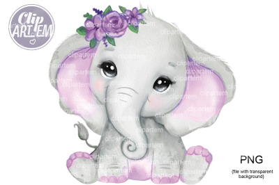 Cute Cute Elephant Girl with Purple Flower Watercolor PNG