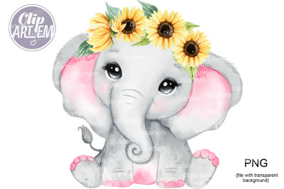 Super Cute Pink Elephant with Sunflower Crown Watercolor PNG images