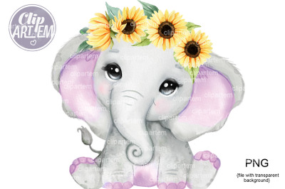 Purple Girl Baby Elephant  Sunflower Crown  PNG images