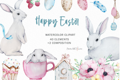 Watercolor Spring Easter Rabbit Clipart