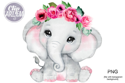 Girl Elephant with Flowers pink watercolor PNG clip art