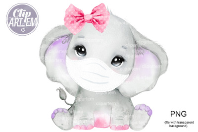 Purple Girl Elephant in Mask  with Pink Bow PNG images
