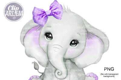 Purple Bow Elephant PNG clip art, shower birthday decor, digital image