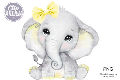 Yellow Girl Elephant Bow PNG images sublimation, cute little baby