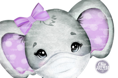 Baby Girl Elephant mask Purple Bow PNG Watercolor clip art image