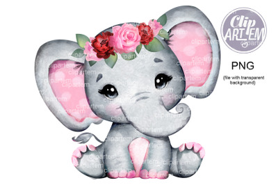 Maroon Pink Floral Crown  Baby Girl Elephant PNG Clipart Sublimation