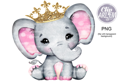 Royal Pink Girl Elephant Gold Crown PNG images, sublimation