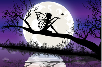 cute fairy and moon silhouette