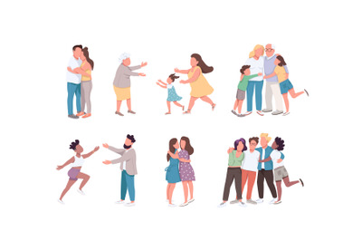 Happy hugging flat color vector faceless characters set