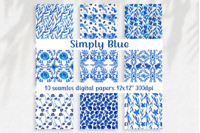 Watercolor floral digital paper pack, Seamless pattern with simple blu