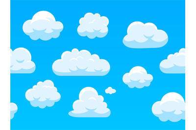 Seamless sky with white clouds. Cartoon blue skyscape border for compu