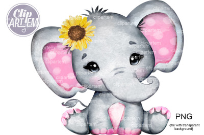Sunflower Pink Elephant PNG&2C; clip art&2C; elephant rustic sublimation