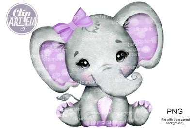 Cute Baby Girl Elephant Purple Bow PNG,  watercolor baby clip art