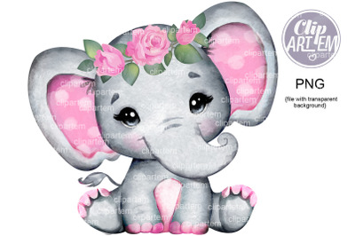 Pink Floral Elephant PNG roses crown images watercolor baby girl