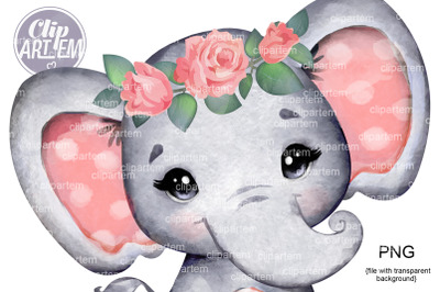 Peach Coral Girl Elephant PNG, floral roses crown baby  girl elephant