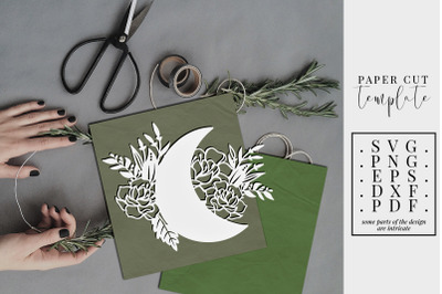 Crescent moon 2 papercut template, floral flower paper cut, DXF, SVG,