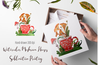 Watercolor Mushroom Houses Sublimation Printing