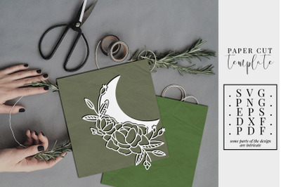 Crescent moon 6 papercut template, floral flower paper cut, DXF, SVG,