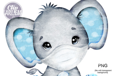 Boy Elephant in Mask Blue PNG, watercolor baby boy elephant clip art