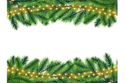 Holidays background with realistic fir branches and lights garland