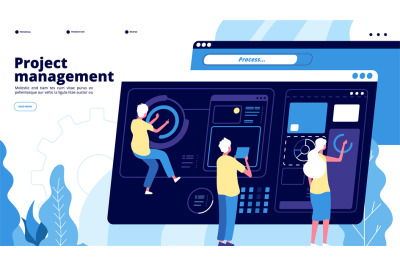 Project management landing. Tiny guys manage charts on dashboard, peop