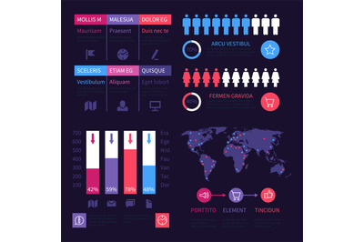 Infographic dashboard. Worldwide marketing diagrams, charts vector set