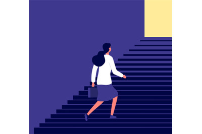 Businesswoman walking up stairs. Successful business pathway career, p