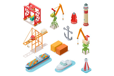 Isometric ships. Sea transport maritime terminal shipping logistics po