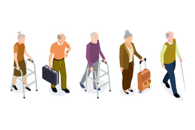 Isometric elderly people vector set. Active older women and men isolat