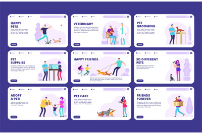 People with pets landing pages template. Vector characters people&2C; dog