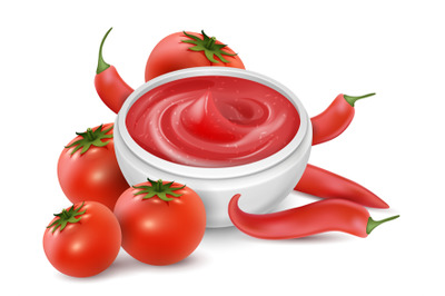 Tomato sauce vector. Realistic red chili sauce, tomatoes and hot peppe