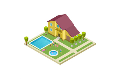 Isometric family resting in country hotel vector location