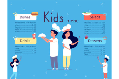 Kids menu. Children in chef hat cooking food in kitchen. Restaurant br