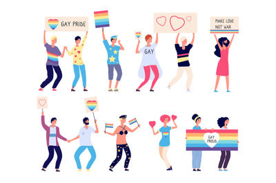 Pride parade. Lgbt people with rainbow flags, gays and lesbians walkin