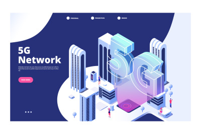 5g network concept. City with 5G wireless Internet landing page