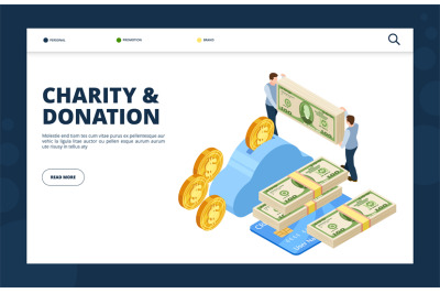 Give money isometric concept. Donation and charity vector landing page