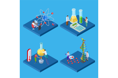 Science chemical lab. Isometric vector laboratory and scientists