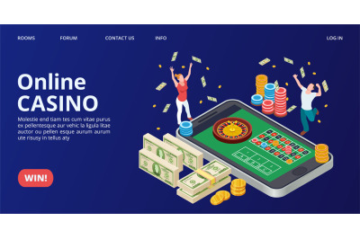 Casino landing page. Isometric online casino, gambling, roulette vecto