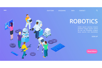 Isometric robotics landing page. People building robots and develop so