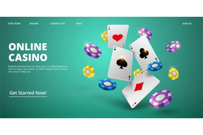 Online casino landing page. Vector realistic cards and chips. Casino w